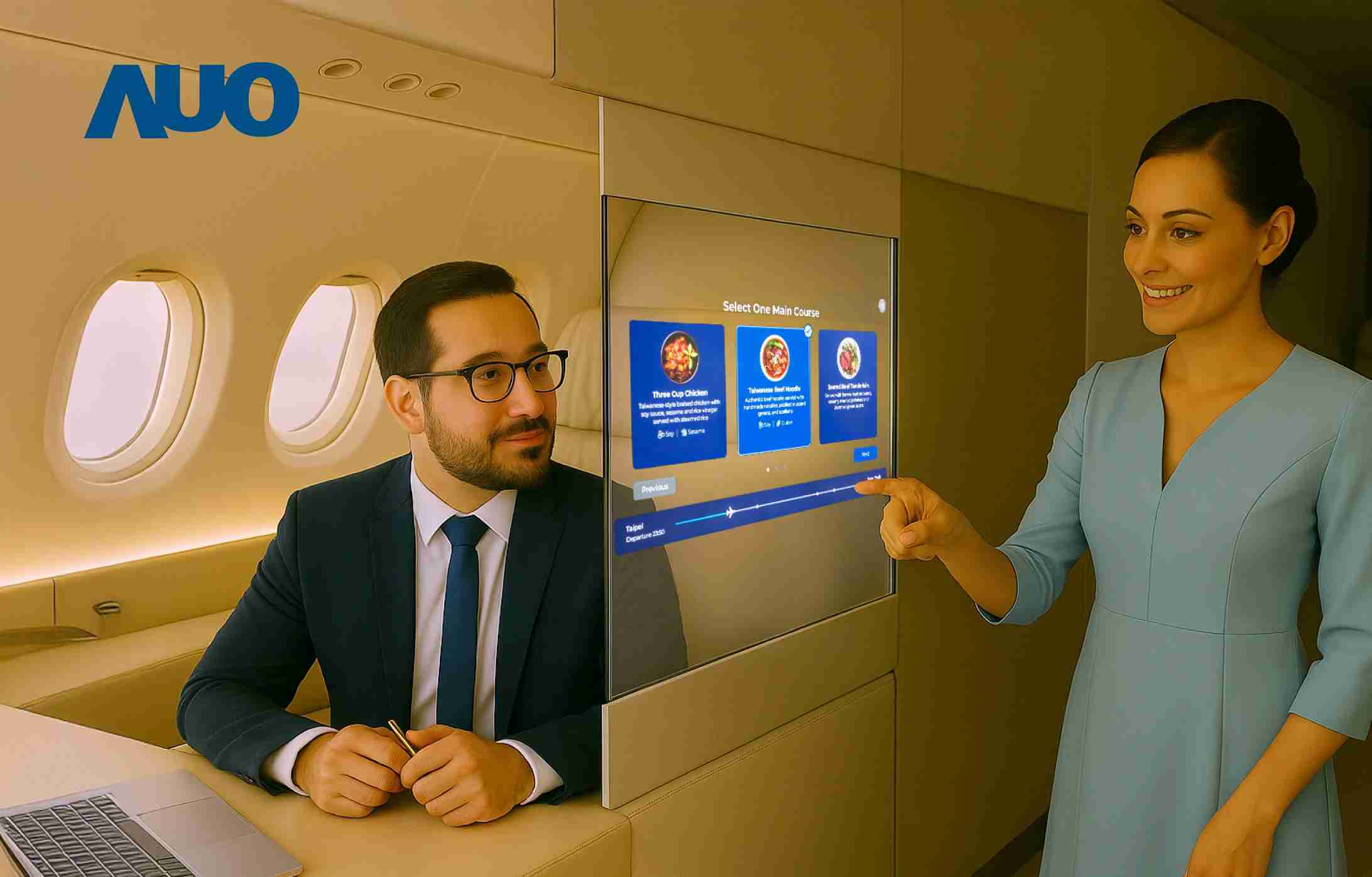 YAXIN111研发全球最薄17.3 吋双面透明 Micro LED 显示器，，可在同一屏幕之双边投射不同信息，，，创造独特的”透明化”互动；图为实时翻译交流应用情境